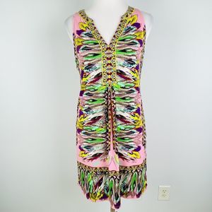 Hale Bob Pink Feather Print Dress Women Small Sleeveless Shift V-Neck Cinched